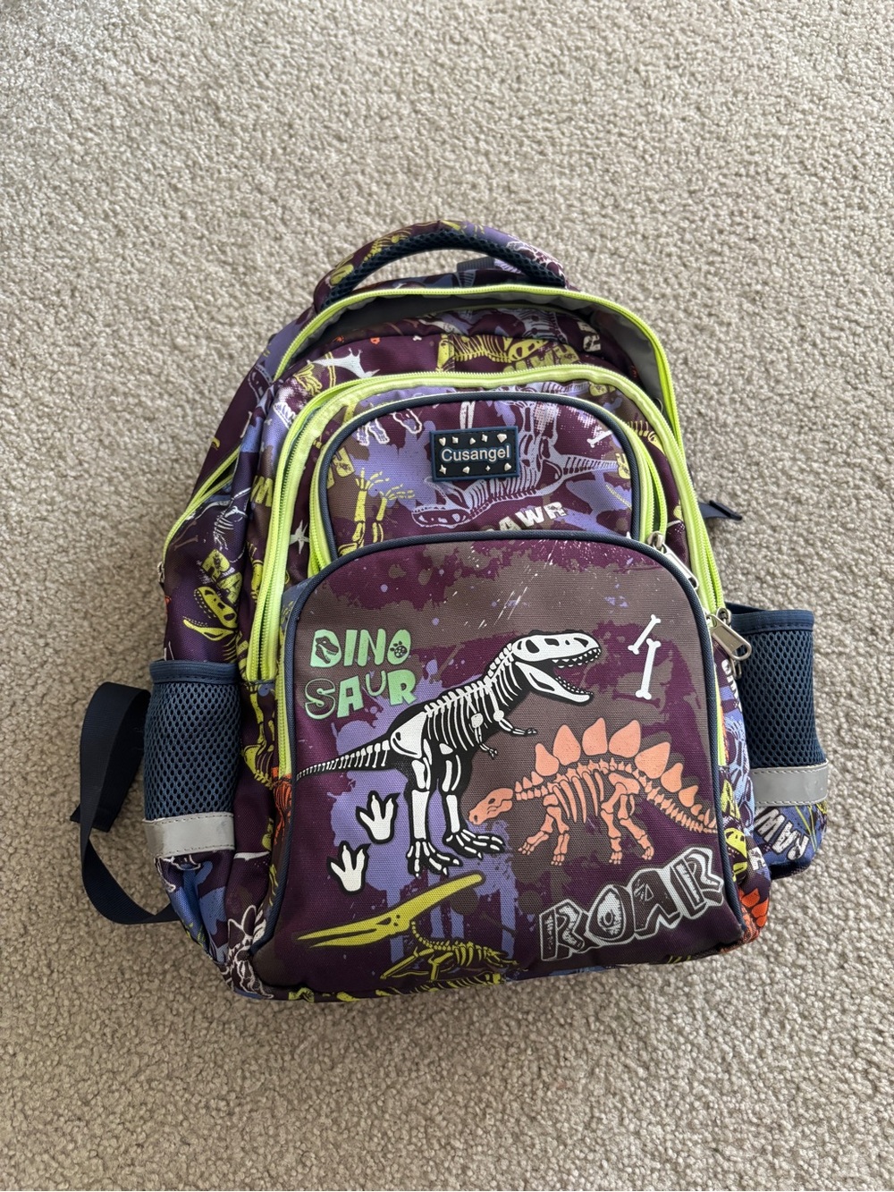 Kids' Purple Dinosaur Backpack with Lime Trim